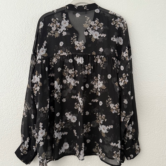 VINCE Women’s Black Floral Print Sheer Silk Band Collar Blouse Size Medium - Picture 1 of 10